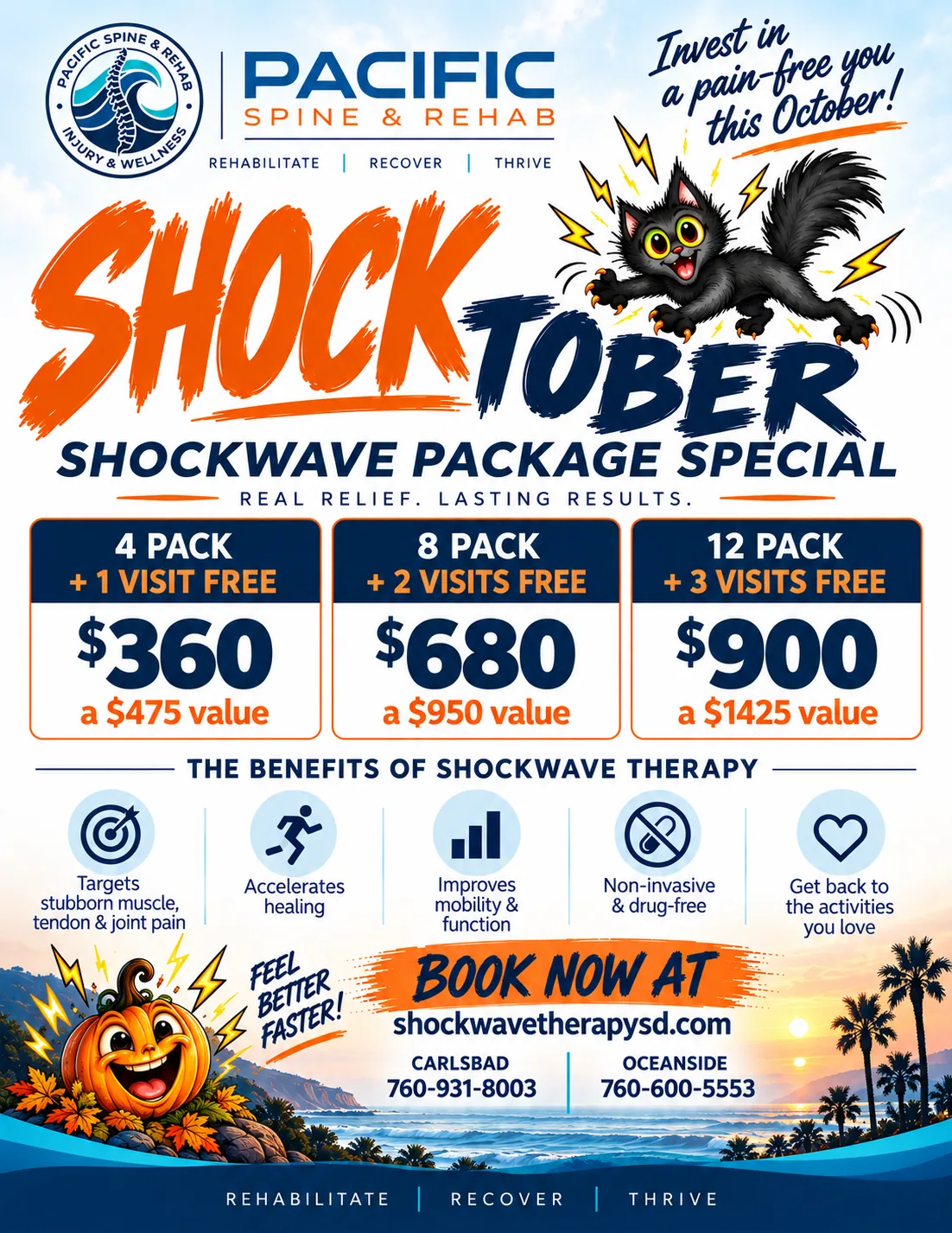 Especial Shocktober de paquetes de terapia de ondas de choque en Pacific Spine & Rehab en Oceanside y Carlsbad: paquete de 4 más 1 visita gratis $360, paquete de 8 más 2 visitas gratis $680, paquete de 12 más 3 visitas gratis $900