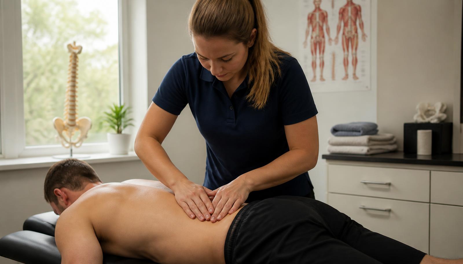 Back pain chiropractor in Carlsbad performing a hands-on lower back assessment on a patient lying on an adjustment table.