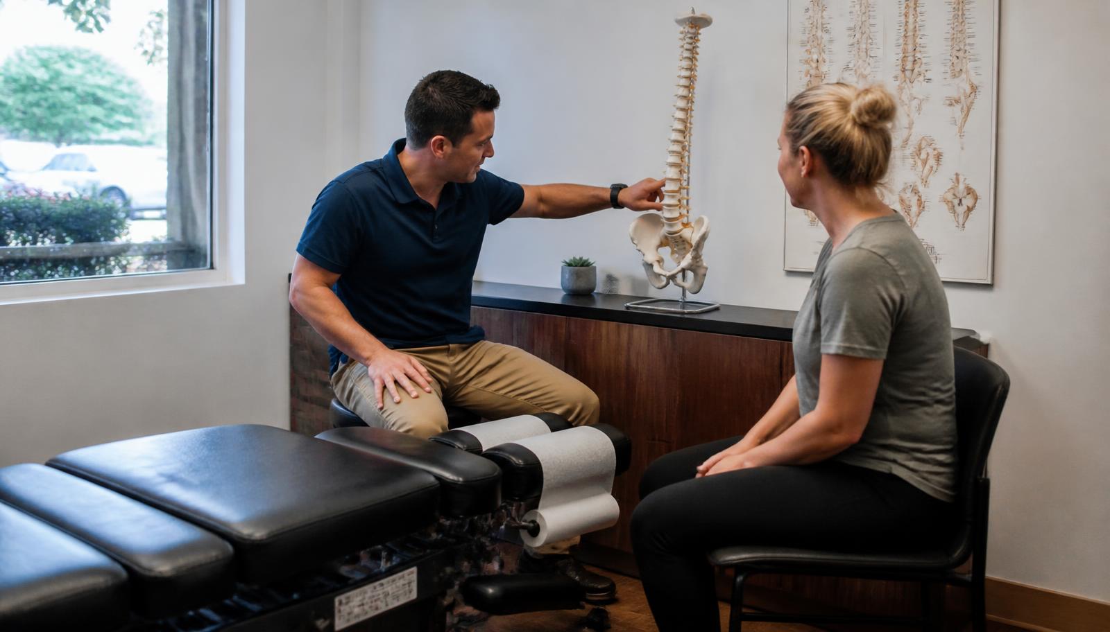 Bressi Ranch chiropractor in Carlsbad explaining spinal anatomy to a seated patient beside an adjustment table in a bright clinic exam room.