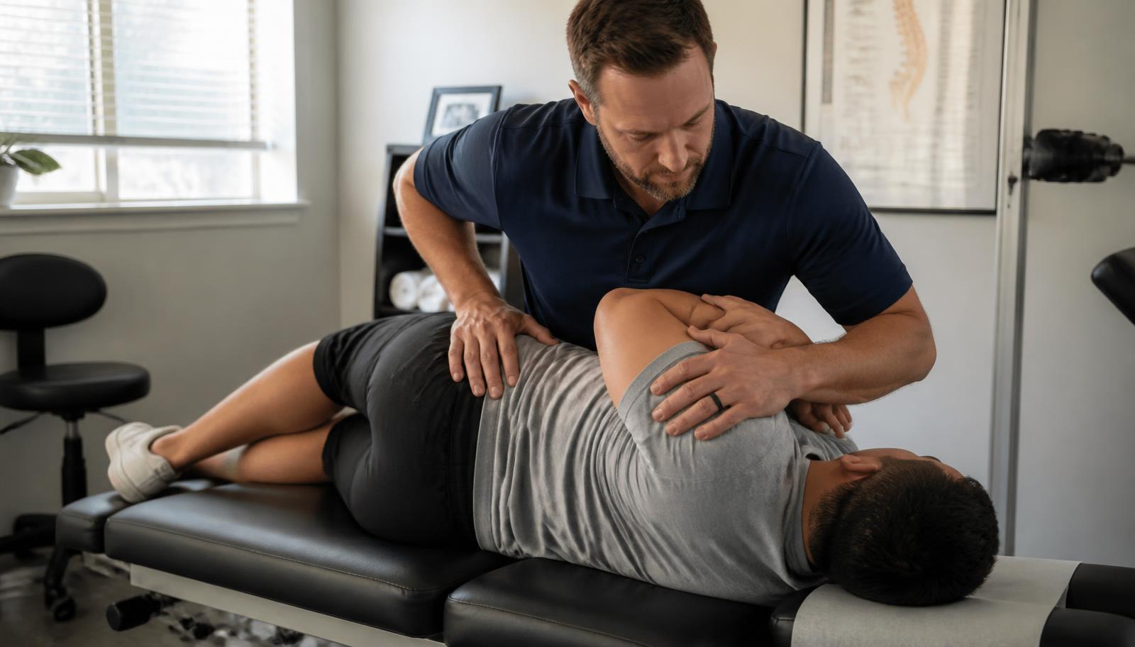 Chiropractor performing a side-lying lower back chiropractic adjustment on a patient in an Oceanside clinic treatment room.