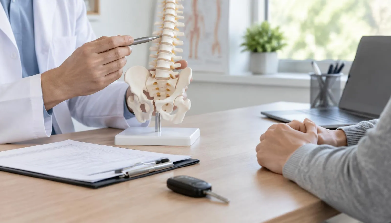 Clinician pointing to a spine model on a desk beside an intake form and car key during a post-accident consultation