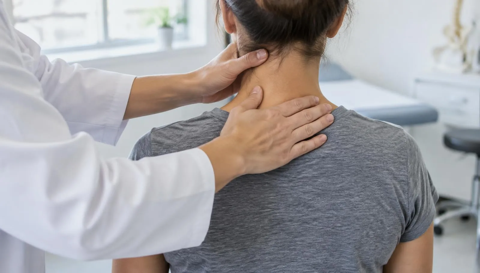 Clinician's hands examining the back of a seated patient's neck after a car accident, viewed from behind