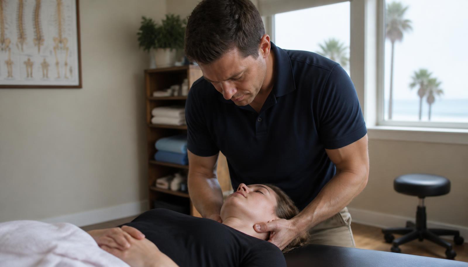 Chiropractor providing chiropractic care in Oceanside, CA to a patient lying on a treatment table in a bright coastal clinic room.