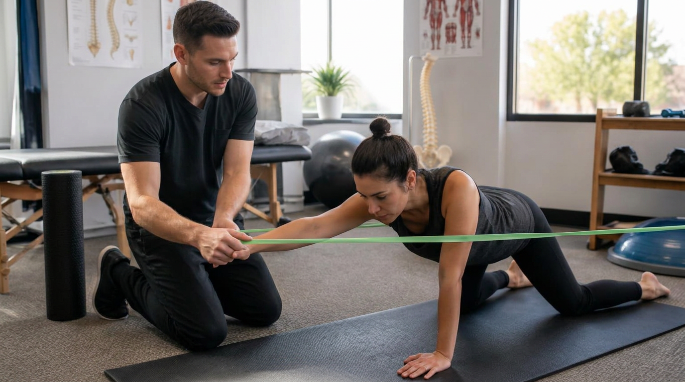 Chiropractic rehab in Carlsbad: a clinician coaching a patient through a resistance-band core exercise in a clinic rehab area.