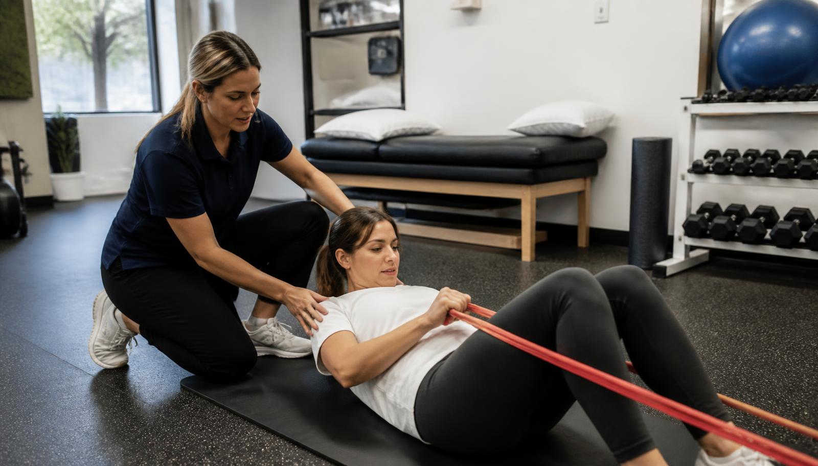 Chiropractic rehab in Oceanside: a therapist guiding a patient through a resistance-band core exercise in a clinic rehab area.