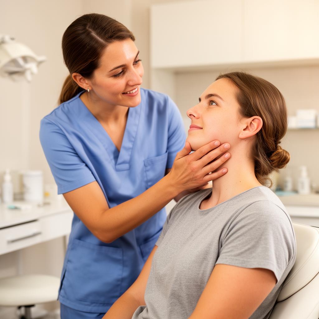 Chiropractor examining a patient's jaw and upper cervical region during a TMJ-focused appointment.