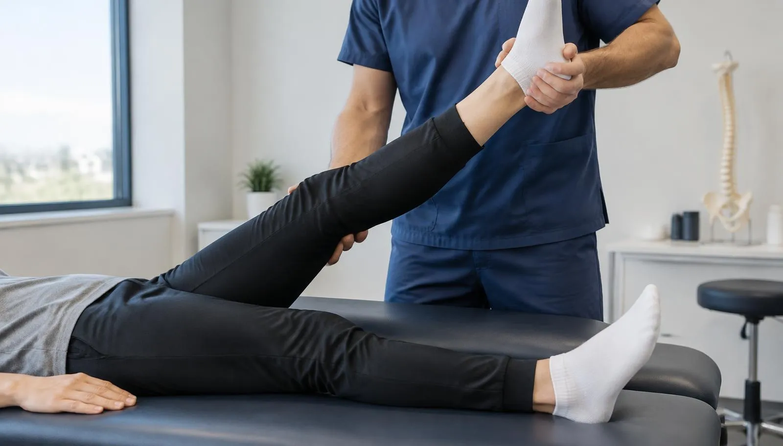 Clinician raising a patient's straight leg on a treatment table to test for sciatic nerve sensitivity