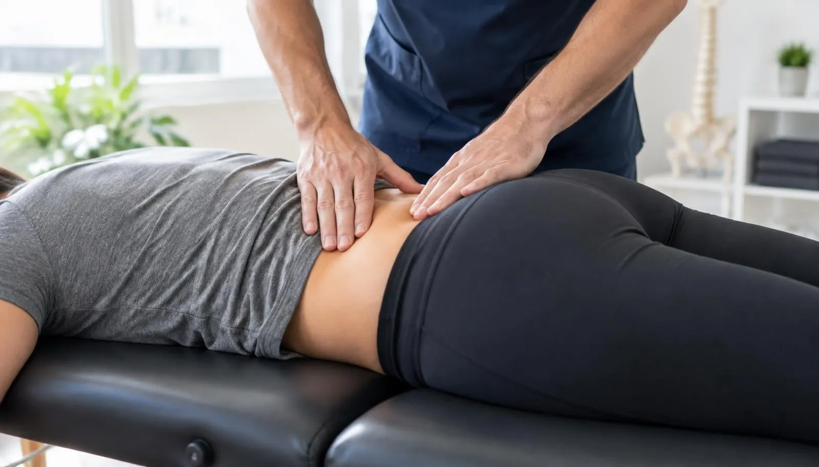 Clinician's hands assessing a patient's lower back on a treatment table, illustrating a sciatica exam