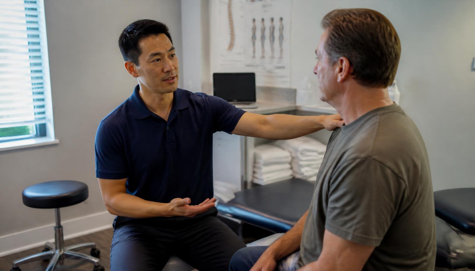 Chiropractor in Carlsbad, CA reviewing a treatment plan with a seated patient beside an adjustment table in a clinic exam room.