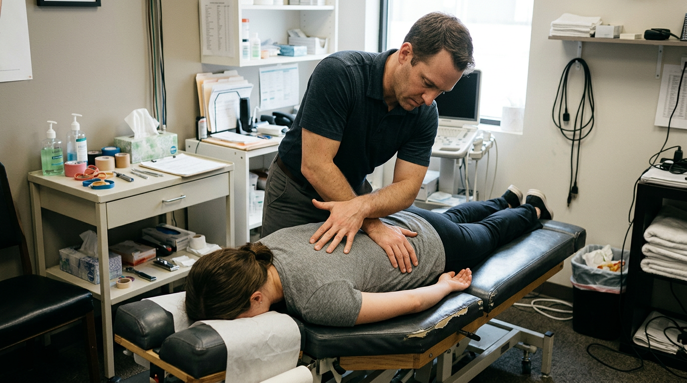 Chiropractor in Oceanside, CA performing a gentle spinal adjustment on a patient in a bright coastal clinic treatment room.