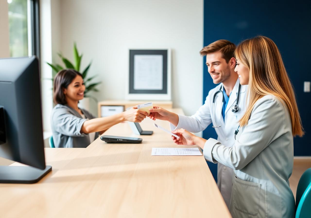 Patient handing an insurance card to a friendly receptionist at the clinic front desk