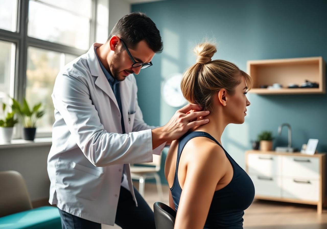 Chiropractor carefully evaluating a patient's neck after a car accident