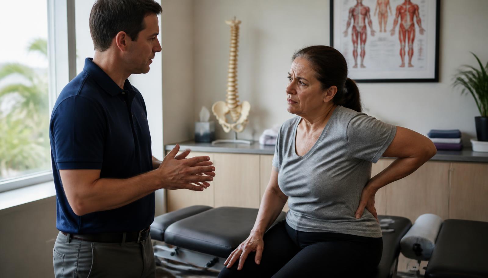 Oceanside chiropractor explaining low back pain findings to a seated patient beside an adjustment table in a coastal North County clinic.