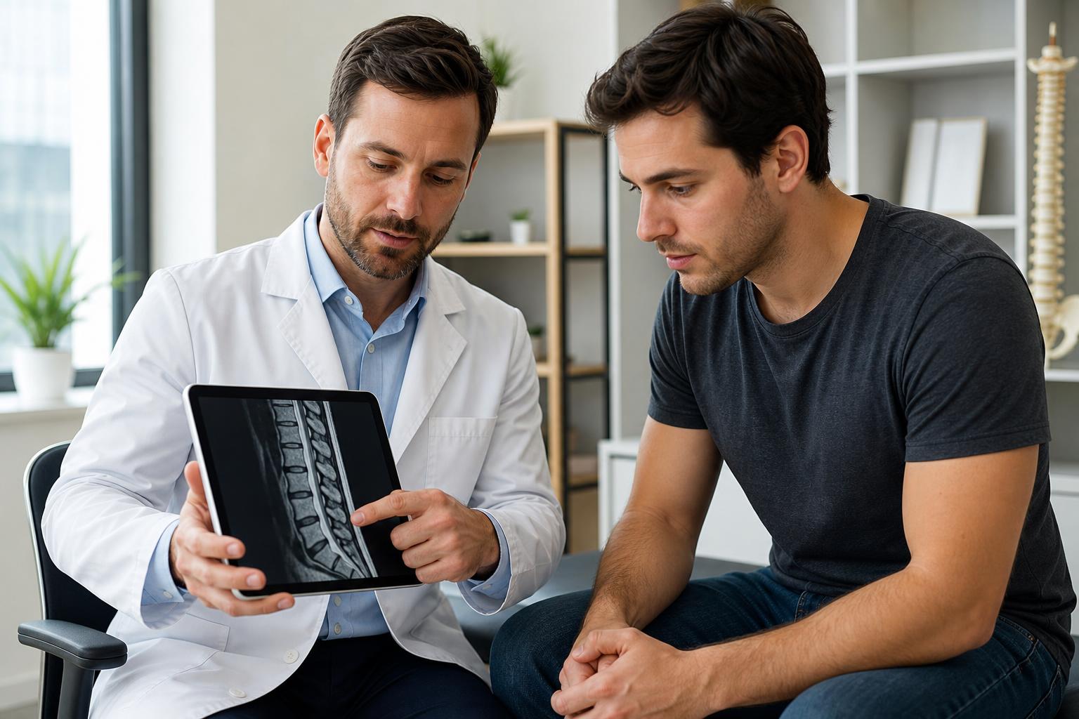 Chiropractor and personal injury patient reviewing imaging on a tablet together