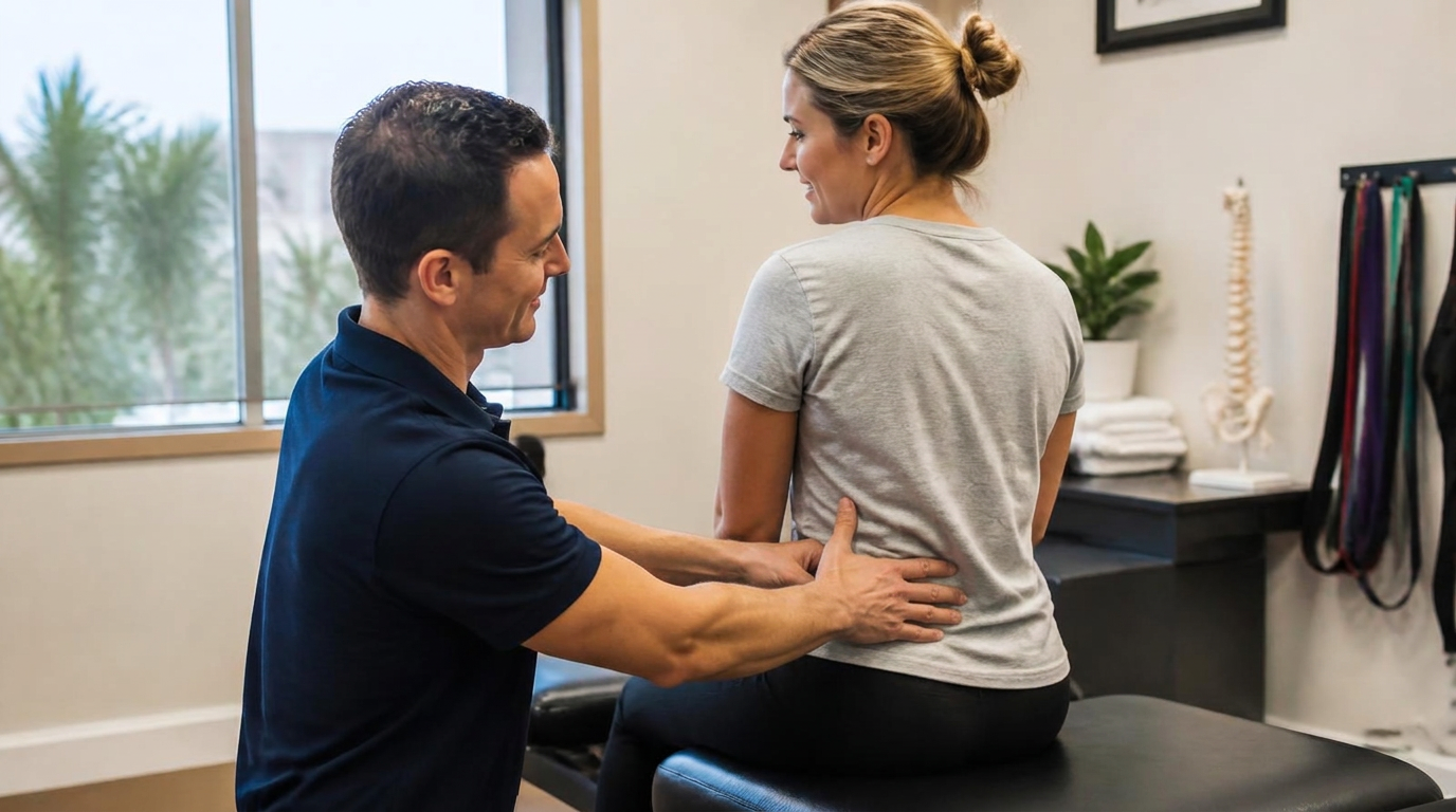 Same day chiropractor in Carlsbad examining a patient's lower back during an acute pain appointment in a clinic treatment room.