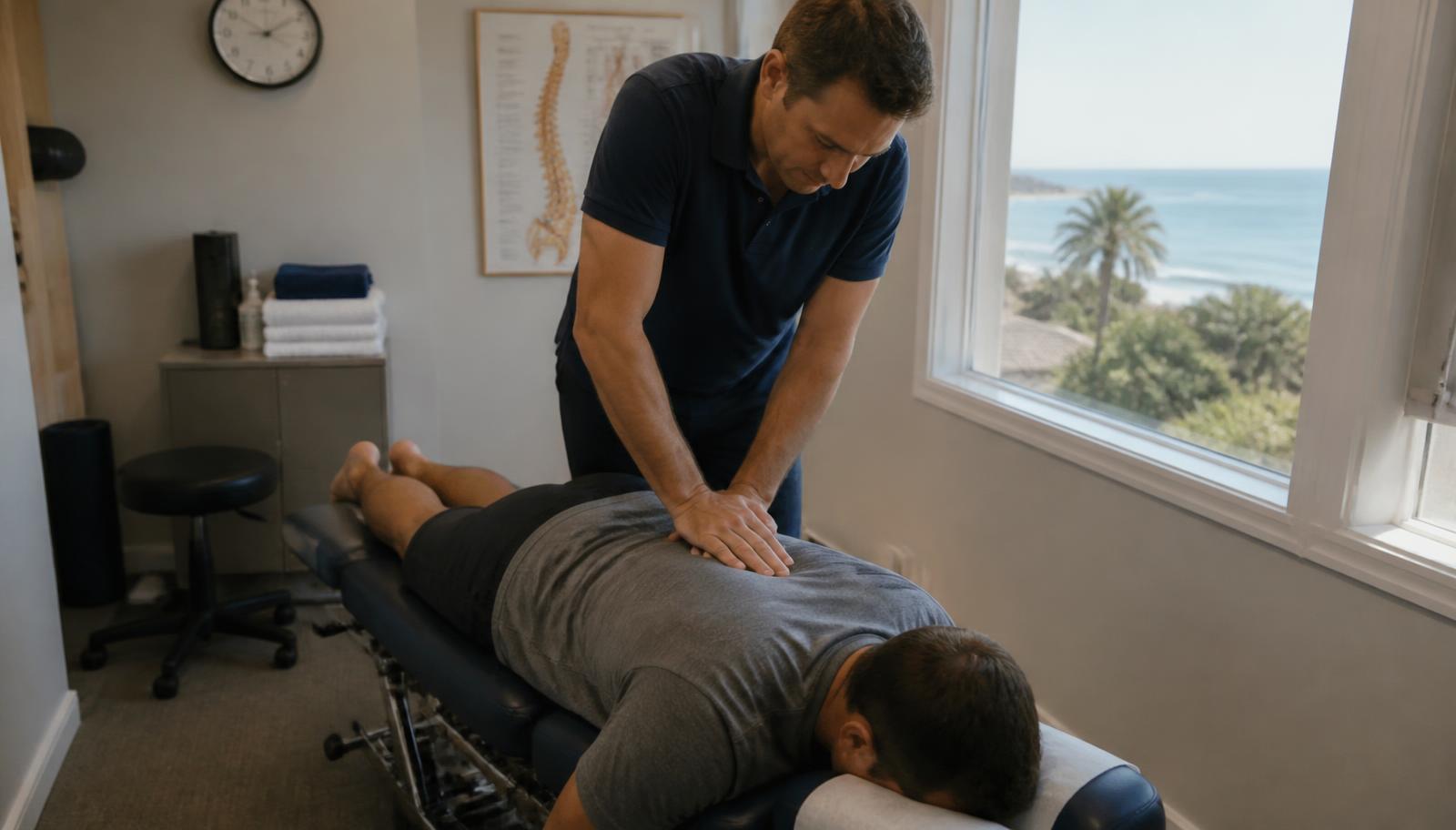 Same day chiropractor in Oceanside treating a patient's lower back on an adjustment table in a coastal clinic room.