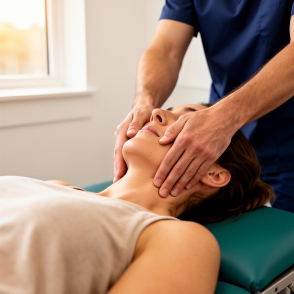 Close-up of a chiropractor performing a gentle cervical adjustment