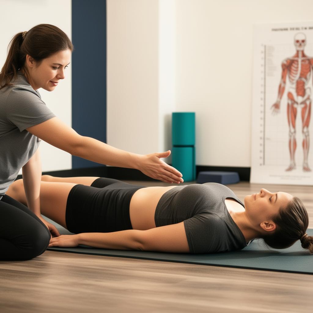 Patient performing a core stabilization exercise on a mat with clinician cueing form
