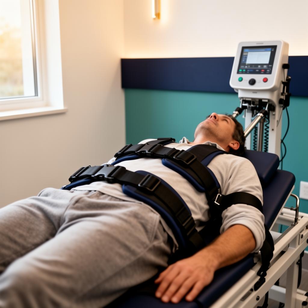 Patient fitted with pelvic and thoracic harnesses on a spinal decompression table