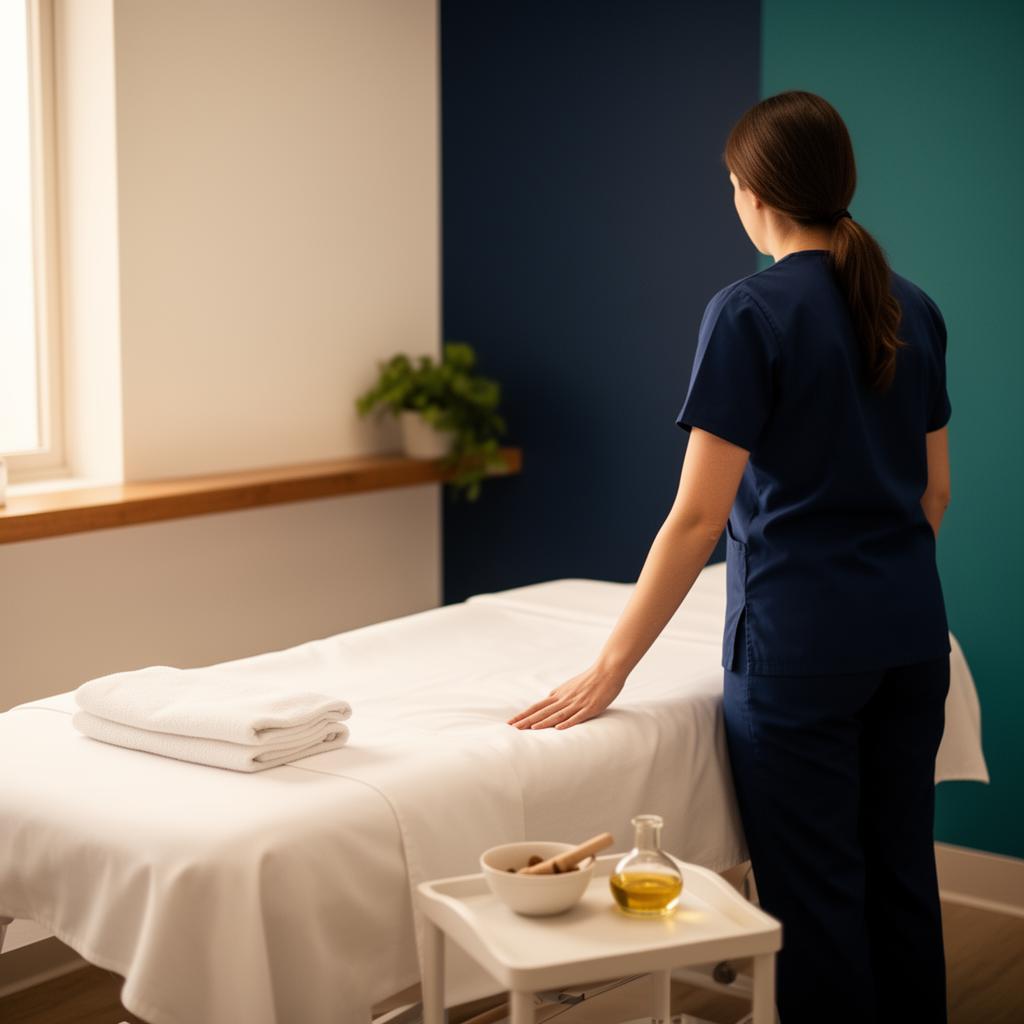 Calm massage therapy room with crisp linens and a therapist preparing for a session