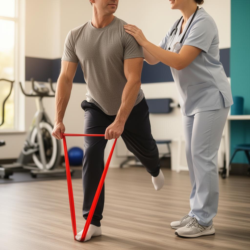 Patient performing a resistance-band rehab exercise with clinician cueing form