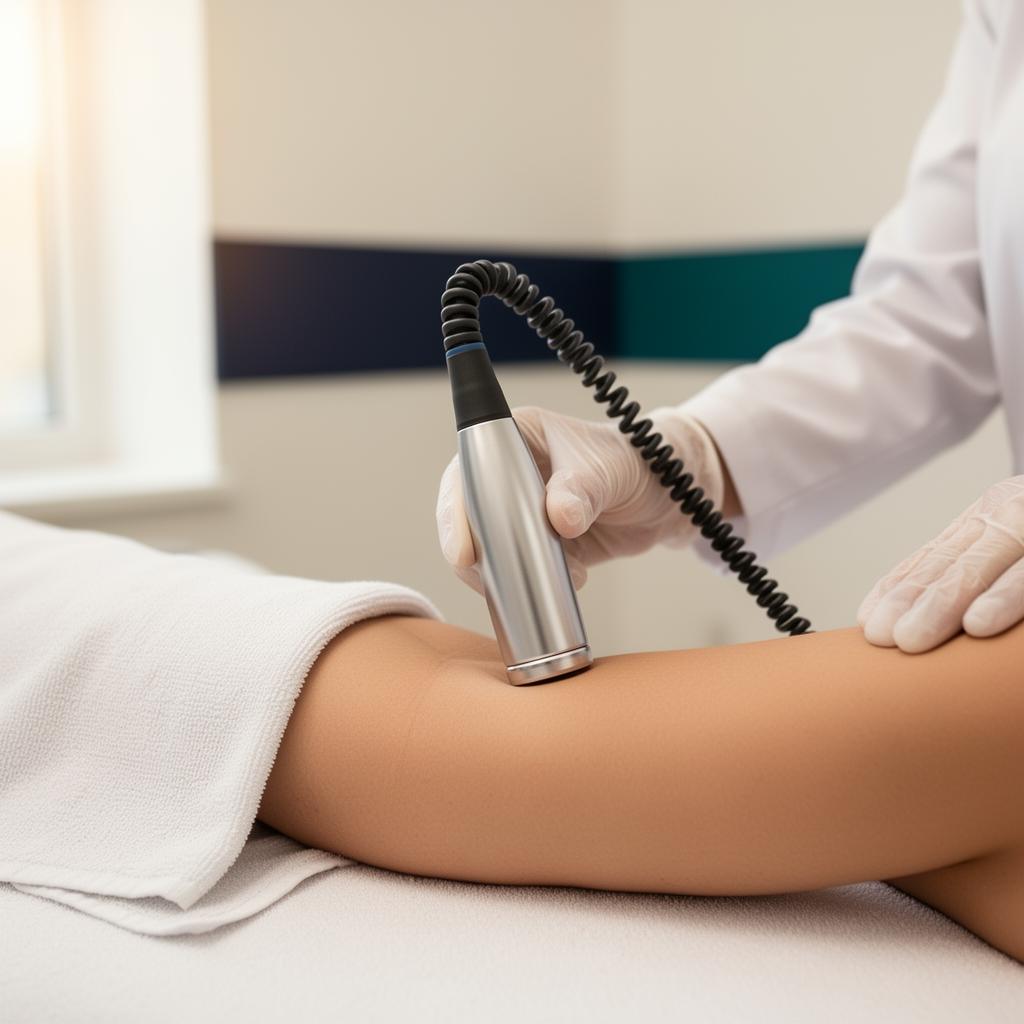 Close-up of a shockwave therapy handpiece being applied by a clinician