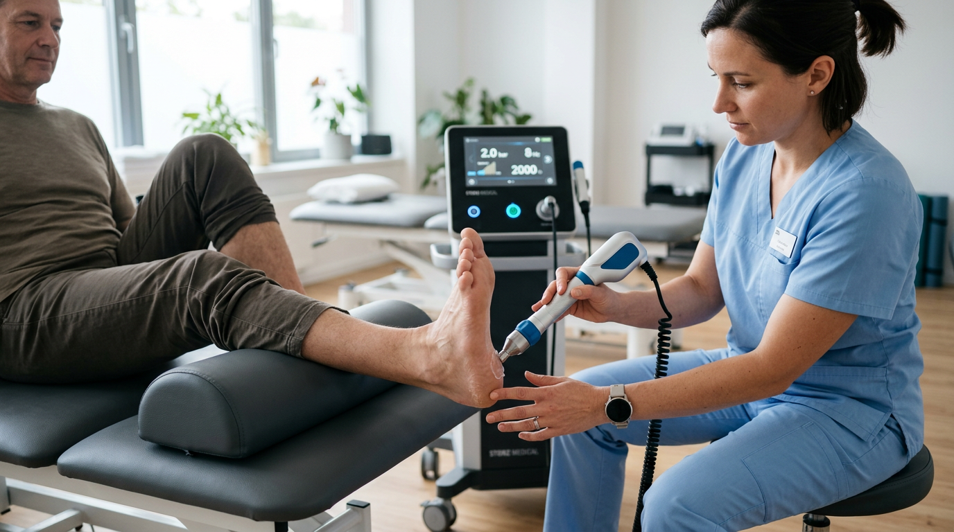 Patient's foot on a treatment table beside a handheld shockwave therapy applicator in a North County physical therapy clinic.
