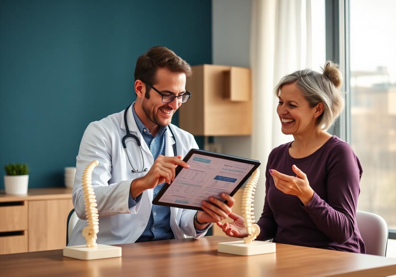 Chiropractor and patient reviewing a treatment plan together with a spinal model on the desk