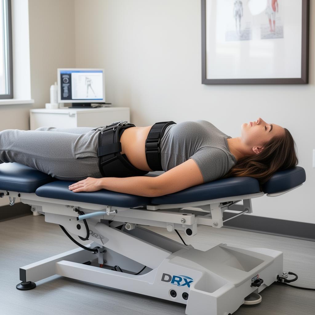 Patient on a motorized spinal decompression table with a pelvic harness in a modern North County chiropractic clinic.