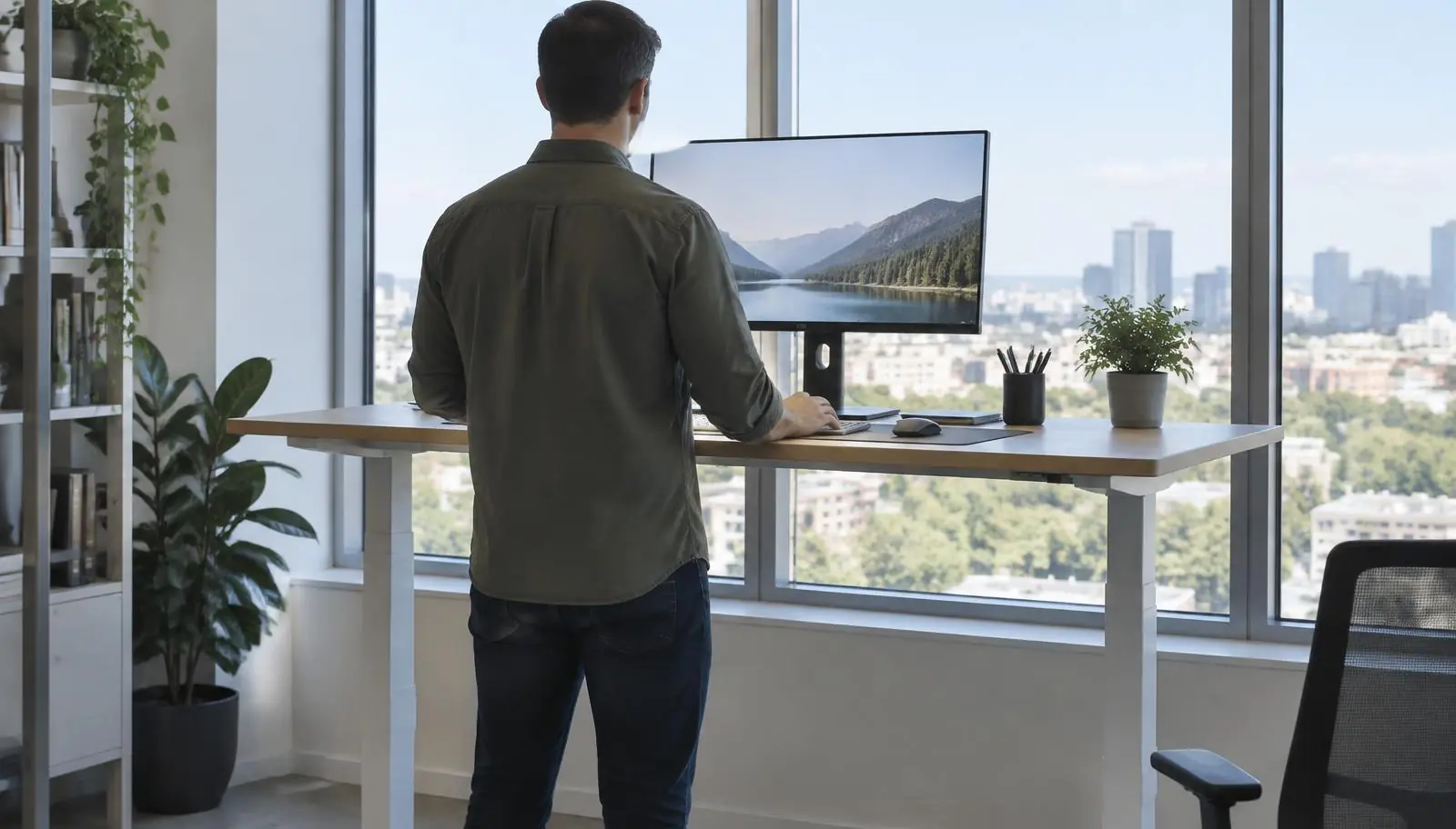Trabajador de oficina en un escritorio de pie con un monitor externo elevado a la altura de los ojos en una oficina luminosa de Carlsbad.