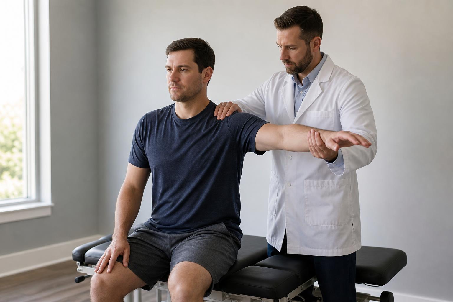 Chiropractor evaluating a patient's posture and range of motion during a physical exam