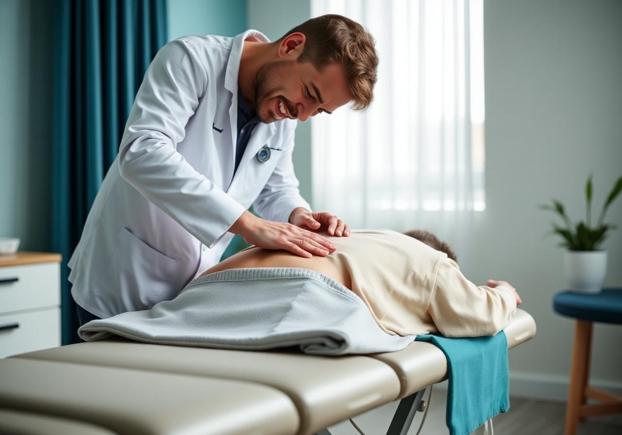 Chiropractor delivering a gentle first adjustment to a relaxed patient on a treatment table
