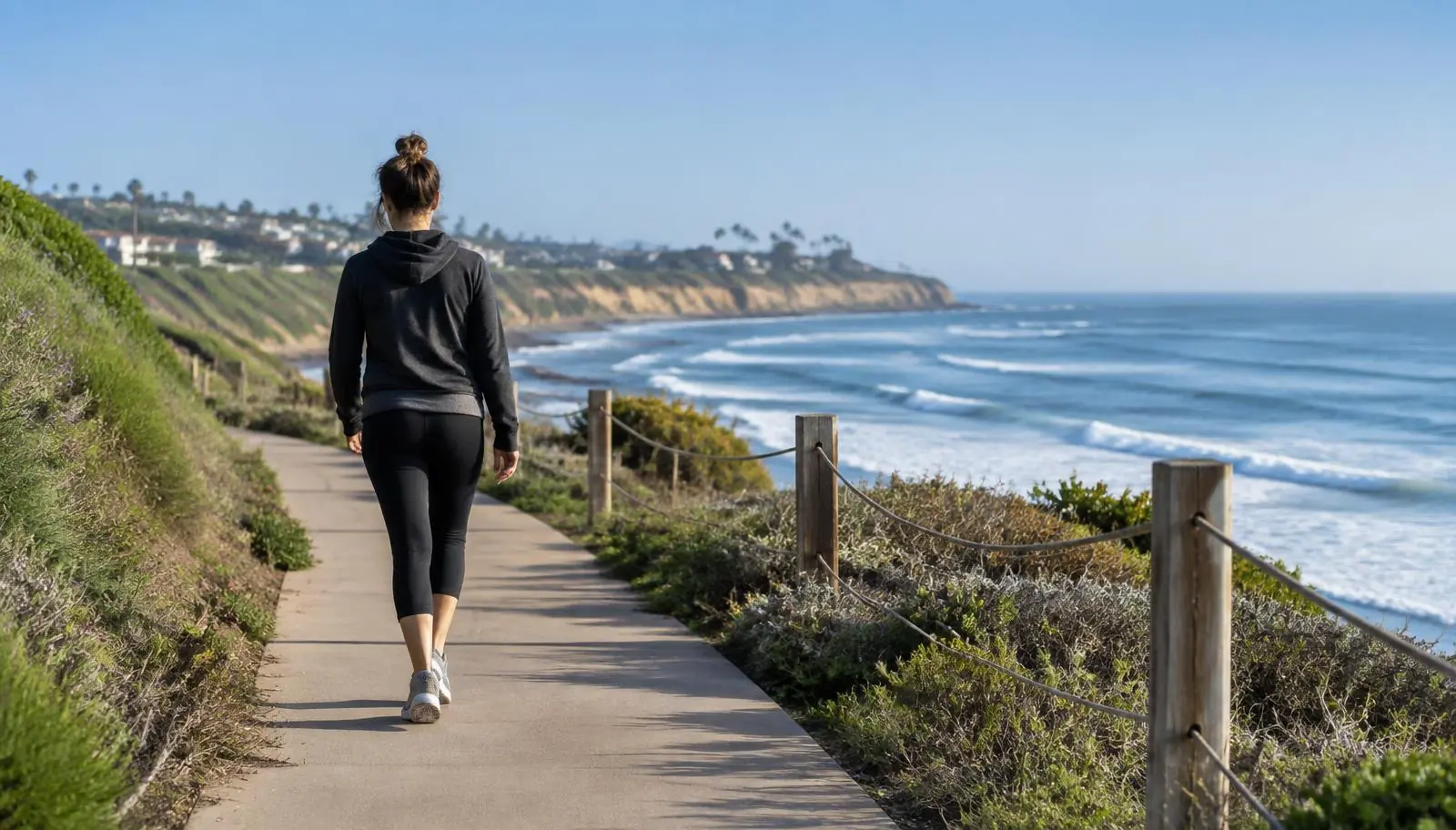 Person walking on a flat coastal path in North County San Diego on a clear morning.