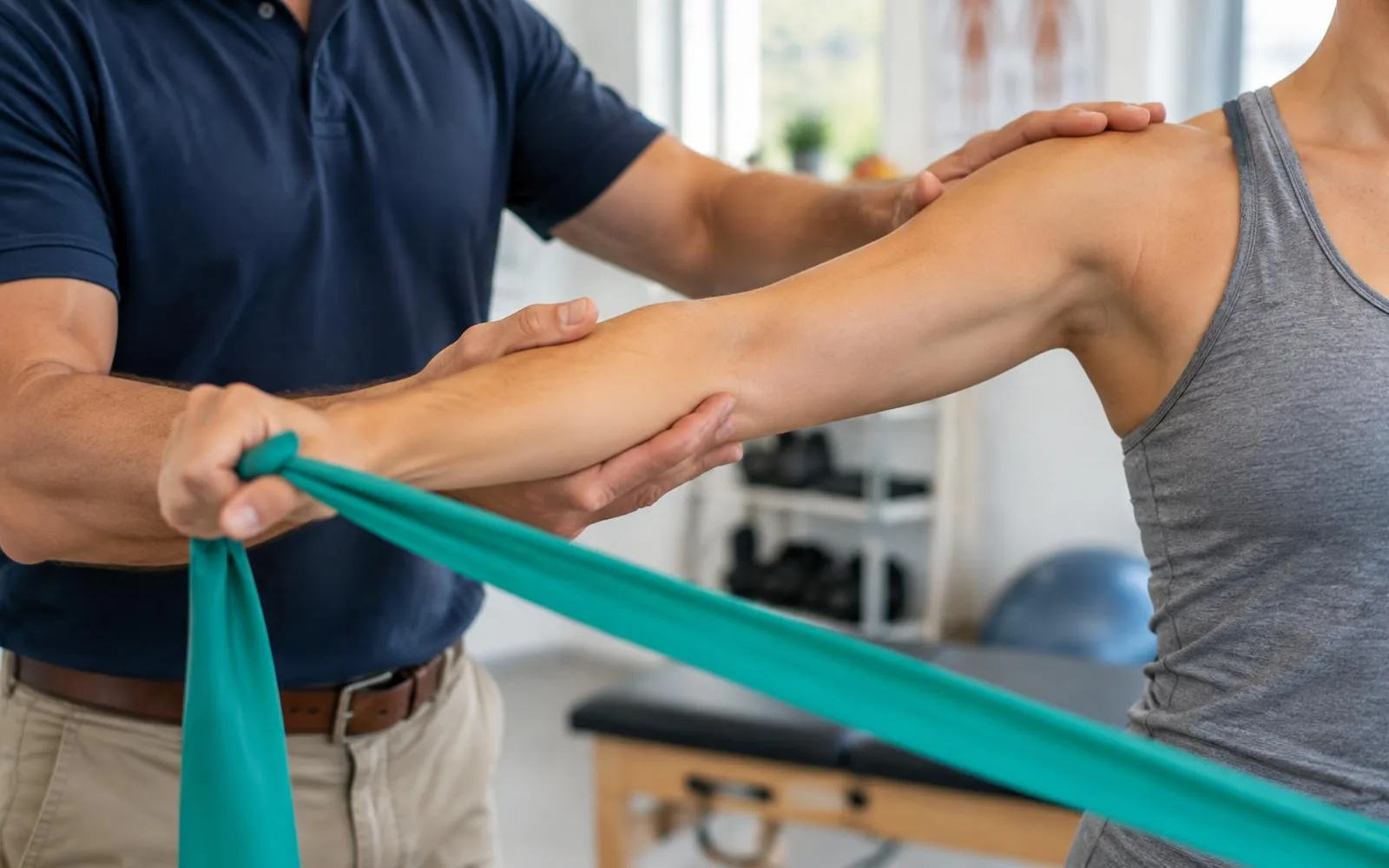 Clinician’s hands guiding a patient’s arm through a resistance band shoulder exercise Clinician’s hands guiding a patient’s arm through a resistance band shoulder exercise